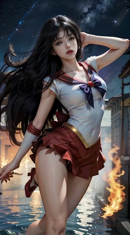 A fire-rei that matches the original painting of Sailor Moon, delicate face, purple bow, sailor Mars fireno-rei, full body, Japanese sailor suit, white V-neck top, high-waisted red short skirt, skirt covering the butt, flesh-colored oily stockings to the w...