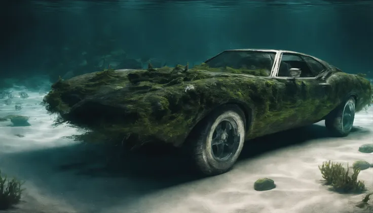 There&#39;s a sports car at the bottom of the ocean, surrounded by marine life. Light breaks through the water, creating mystical lighting. The car is partially covered with seaweed and coral, which emphasizes his prolonged stay under water. A variety of f...