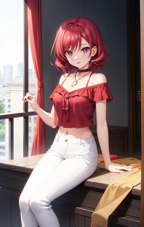 Nishikino maki, Purple eyes,((short red hair)), blouse, white pants, (midriff:0.8)balcony,(lips:0.7), llchar