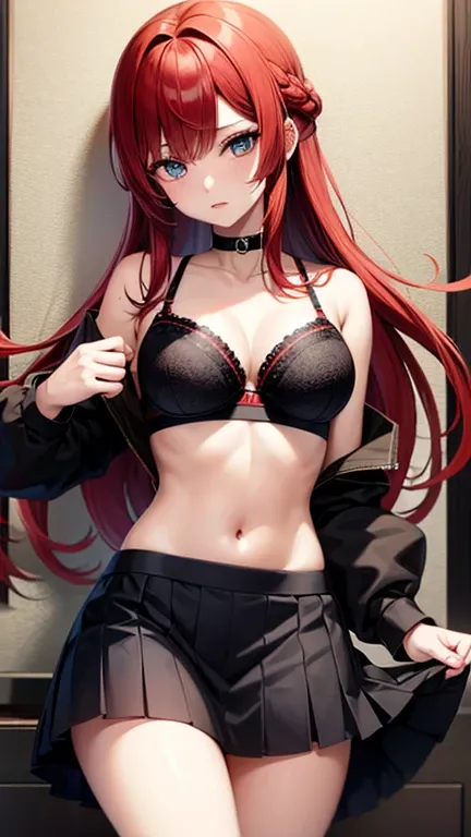 An anime girl with red hair and blue eyes wearing a skirt and a black and red bra