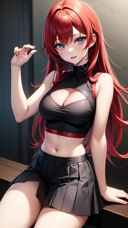 An anime girl with red hair and blue eyes wearing a skirt and a black and red bra