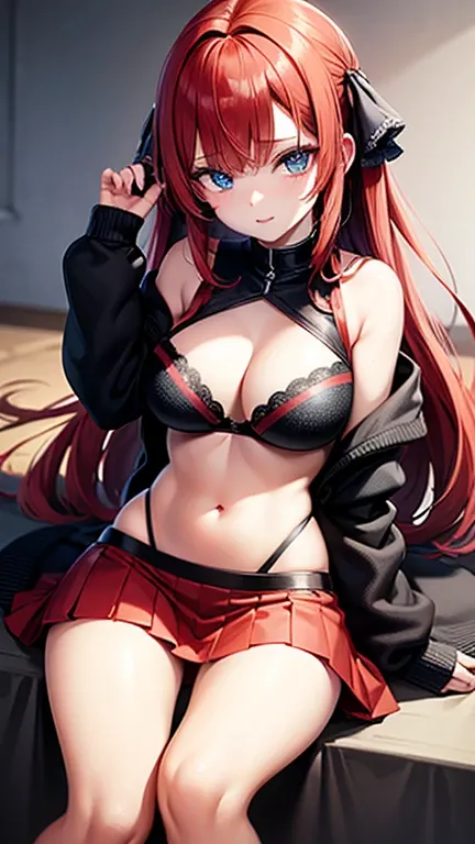 An anime girl with red hair and blue eyes wearing a skirt and a black and red bra