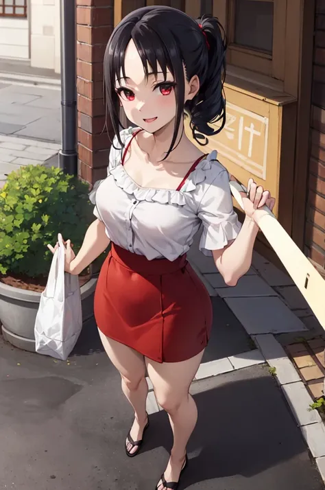 ((mastepiece)), ((Best Quality)), (Ultra-detailed), ((Extremely detailed)), 4K, (8K), Best Quality, Shinomiya Kaguya, smile, black hair, red eyes, rabo de cavalo dobrado, fita de cabelo, roupas elegantes, Red ribbon, medium breasts, ((parte superior do cor...