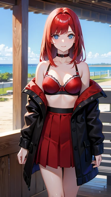 An anime girl with red hair and blue eyes wearing a skirt and a black and red bra