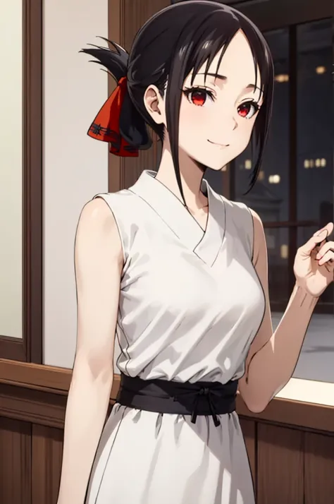 best quality, (masterpiece:1.2), detailed,
shinomiya kaguya,
1girl, solo, closed mouth, light smile,
black hair, red eyes, short hair, folded ponytail, hair ribbon, elegant clothes, no sleeve, red ribbon,
standing, looking at the viewer, medium breasts,((u...