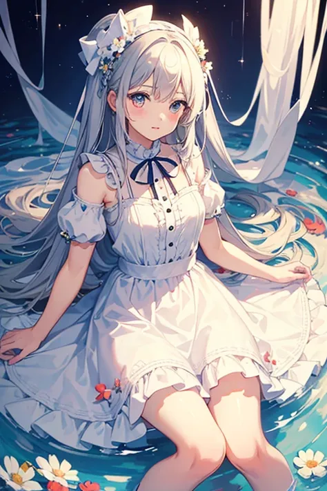 highest quality, masterpiece,cute,beautiful girl,White dress,ribbon,Anemone