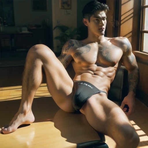 RAISE YOUR LEG HIGH * SEXY * SLUTTY * Hot,musculous,(((very thigh micro string Thong)))，legs are open，show off big bulge.，Tattooed with_Both sides， Tattooed with_Show on the_his_the face ， handsome , hunk , (cocked buttock) , Watching Viewers True 4K light...