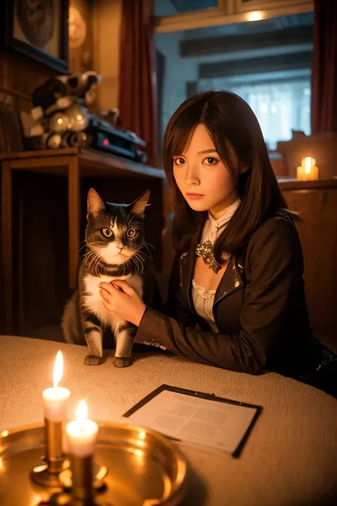 "Steampunk girl with her cat robot companion, Relax in a candlelit room,  Eye contact with viewers, Shooting with wide angle."