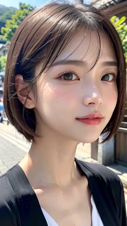 with the alleys of kyoto in the background、18-year-old girl、independent、look forward to、light eye makeup、brown hair color、flat 、...