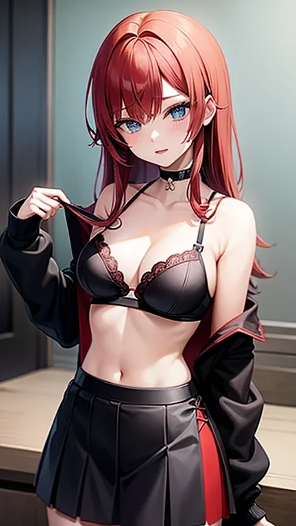 An anime girl with red hair and blue eyes wearing a skirt and an open shirt revealing a black and red bra