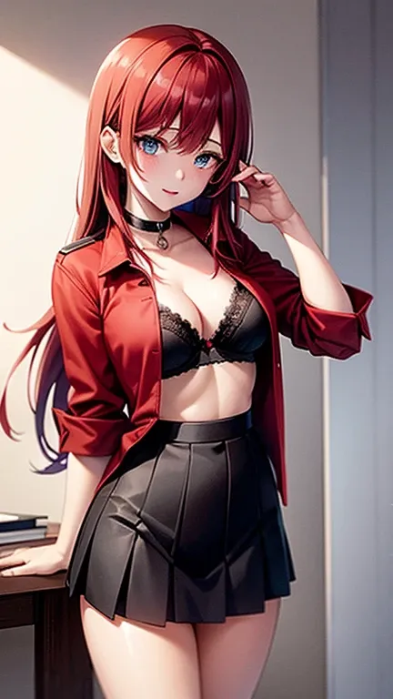 An anime girl with red hair and blue eyes wearing a skirt and an open shirt revealing a black and red bra