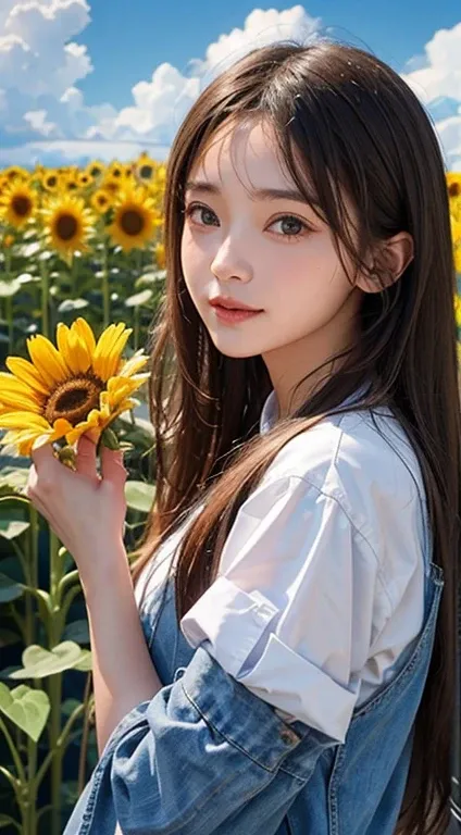   Flowers and blue sky、Autumn sky and beautiful sunflowers、Landscape photo of a vast sunflower field、（View of the sky and wilderness from below）、Girl looking up at the blue sky、Draw a big picture of the sky、Tabletop、highest quality、perfect pretty smile fac...