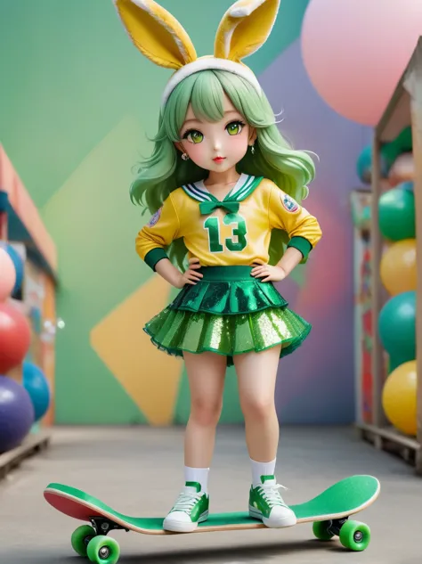 1girl，wearing a bright yellow-green baseball uniform，green sequined tulle skirt，(rabbit ears, bunny hair ornament:1.5)，green sne...