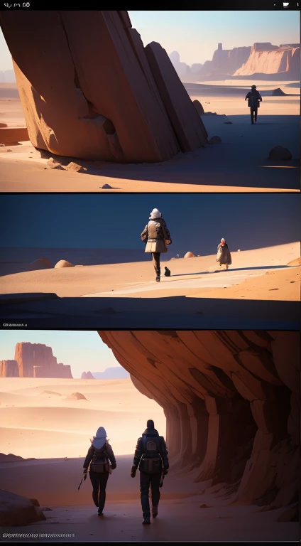 two people walking near a large rock in the desert, unreal engine 5 showcase, 24mm anamorphic lens, inspired by sanford robinson...