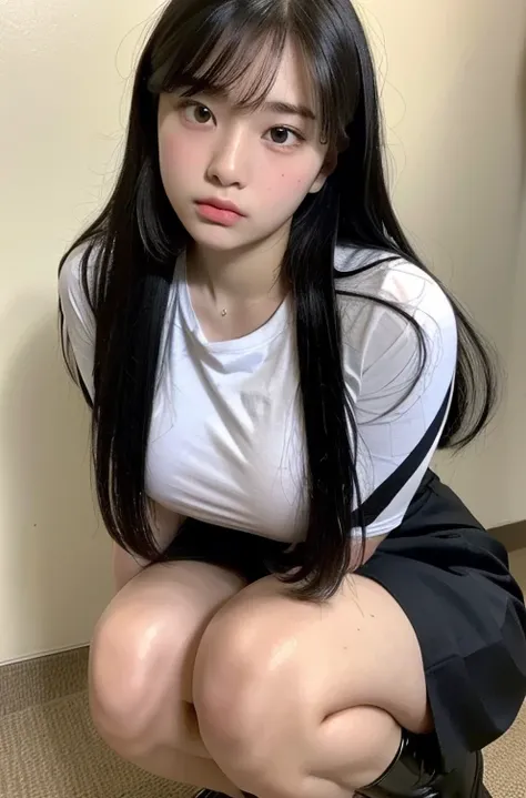 (highest quality, 8k, masterpiece ), An innocent 15-year-old high school student
, bangs、Black Hair,Big Breasts、Thighs、High gloss shirt:1.2、mini skirt, Highly detailed face, double eyelid, Strong natural light、round face、whole body、Thighs、pumpini Boots、rou...