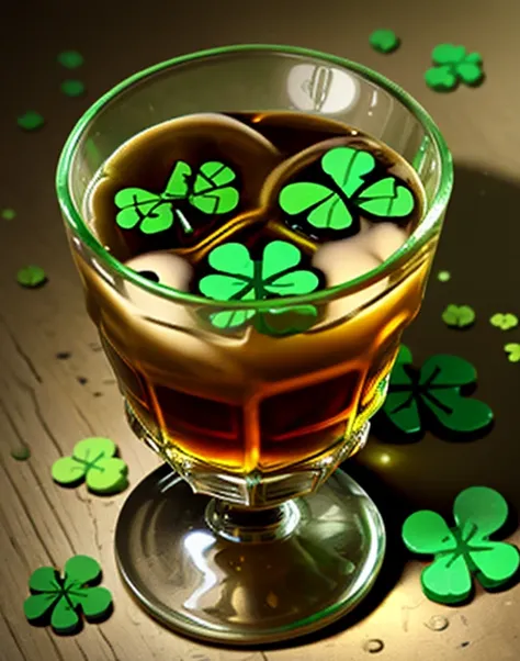 pixel art, symbols of saint patrick day,  glass of whiskey on the table,  three-leaf clover next to glass (shamrock), pixel art