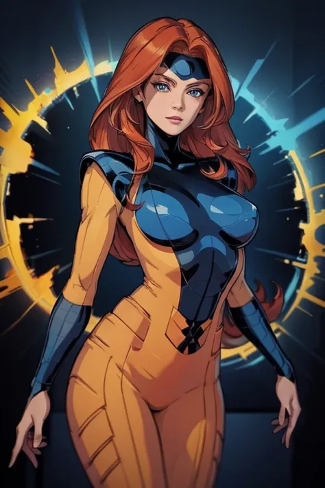 character Jean Grey, (masterpiece), best quality, expressive eyes, perfect face, best quality, backlit, movie poster, book cover, dramatic studio lighting, standing, aesthetic, ((Best quality, best resolution, absurd, masterpiece, ultra-detailed)) 1girl, e...