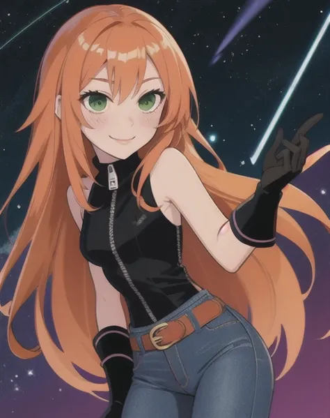 original art, lineart, ink, solo, green eyes, long hair, orange hair, kim maybe, jeans, black top, black gloves, midreef, belt, night sky background, sexual expression, blush, small breasts, unzipped, 5 fingers, low-cut, seductive smile, sensual