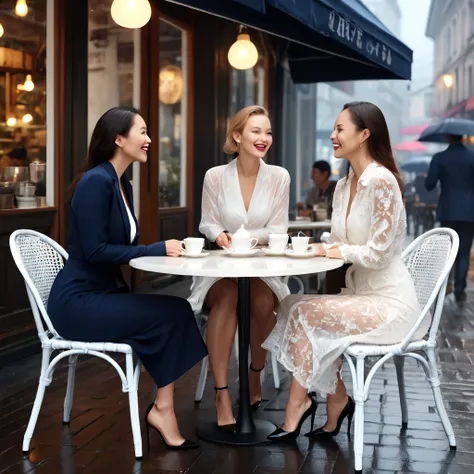 fashion trend leaders、three women chatting at a cafe table、at the open cafe、wet in heavy rain、silk lace dress、see-through underw...