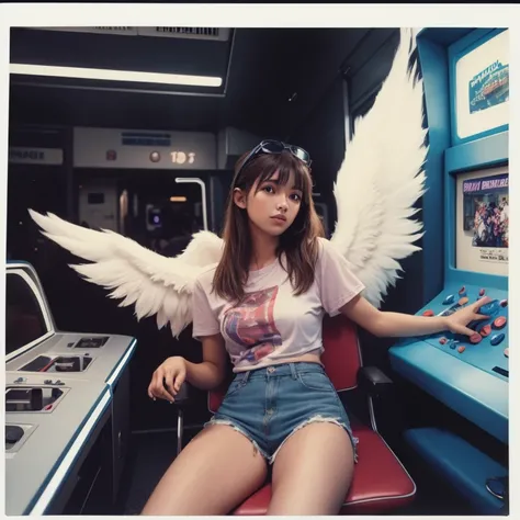 casual angel with wings playing an arcade game in "Midjourney" fashion design candid polaroid film photography 1987