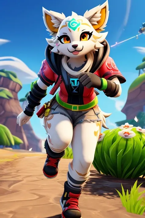 Okami Amanterasu diosa del sol furry, with fortnite themed clothing, running with fortnite style, fondo mundo abierto muy al estilo de fortnite , beautiful and cute furry, HD 3D unreal 