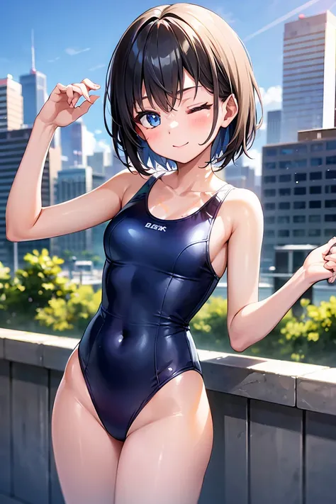 (gleaming skin:1.3), A young girl with black short hair, sky-blue eyes, wearing a one-piece swimsuit, standing, cityscape. one eye closed, left eye closed.