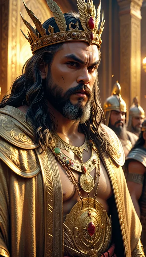 image of a man in a crown and robe standing before a crowd of people, jason momoa as assyrian, biblical epic movie, grande rei d...