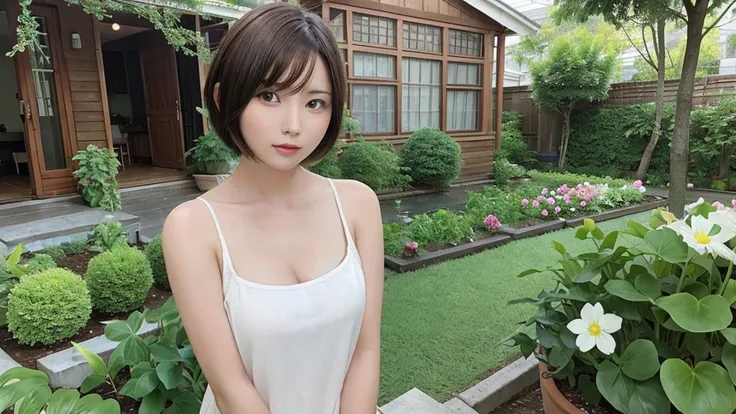 Beautiful woman with short hair ,garden ,alone