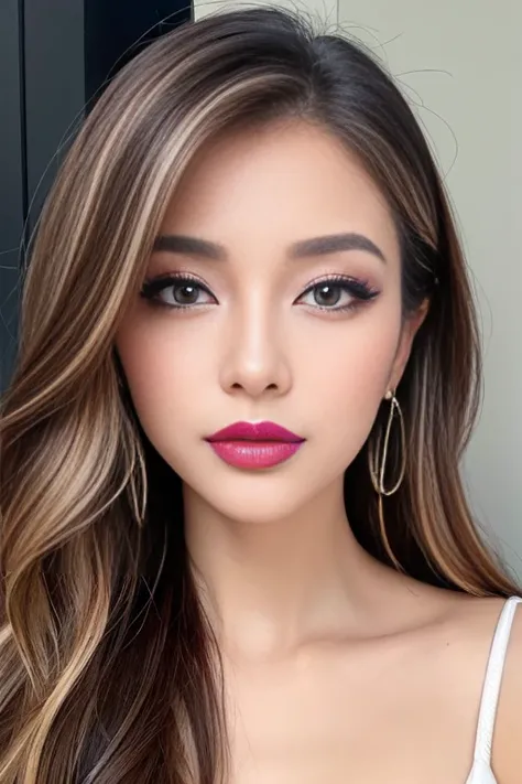 Beautiful woman paints her lips with lipstick. Beautiful woman face, Fine details, high quality, high quality. Vivid and True Colors、beautify your eyes、Eye highlights、