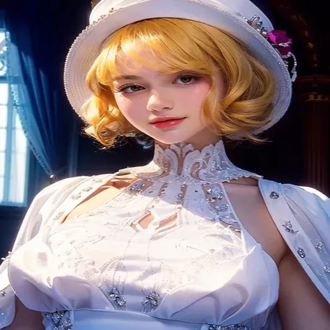 a close up of a woman in a white dress and a hat