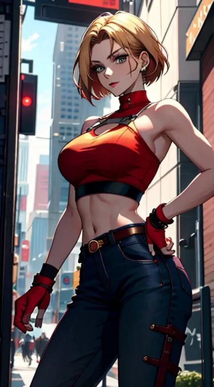 tmasterpiece,, Best quality at best, A high resolution, 1girll,Off-the-shoulder attire，， with short golden hair，Red clotheary，hason, Crop top, (Large breasts1.2), nabel，Fighting posture，cyber punk perssonage，City streets