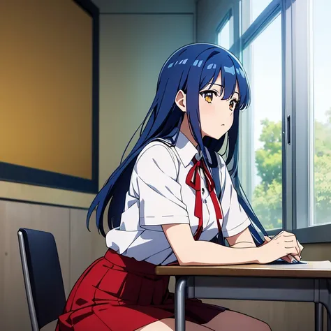 masterpiece), (Best quality anime illustrations), (super clear), a girl, alone, 16 year old, Beautiful girl with deep blue hair and golden eyes, anime change, moist and transparent, classroom, sitting, wearing a white uniform, red ribbon, red skirt