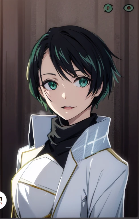 Anime 20 years female knight portrait, black hair, white coat,  emerald eyes