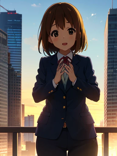 One girl, (((masterpiece))), highest quality, highest quality, Attention to detail, Hirasawa Yui, One girl, Sakuragaoka High , , Two yellow hairpins, short hair, Brown haired, Brown eyes, solo, red tint, A dark blue blazer with a light blue ribbon, A plain...