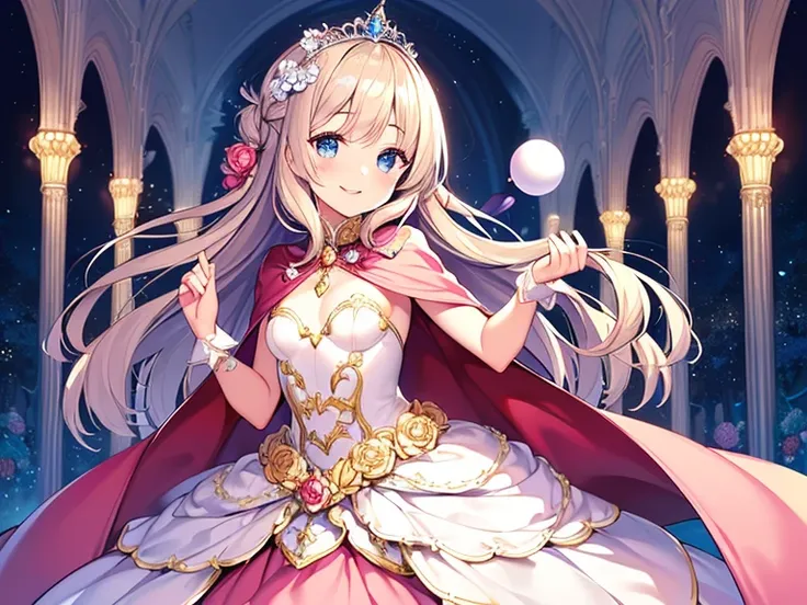 (kawaii),(best quality),(ultra detailed),(rococo style),(long train pastel pink cape:1.15), very long cape,(long train white ball gown with flower decorations:1.1), a girl is wearing a cape over her gown, 1 little princess, tiara, smile, very long hair, sm...