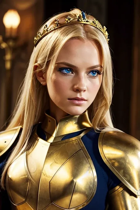 An armored queen with golden hair and blue eyes