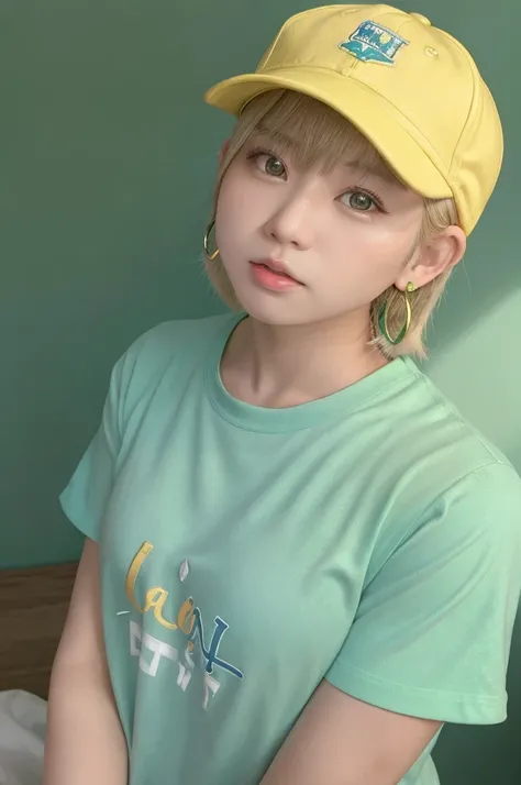 Tetsuya Nomura, masterpiece, highest quality, One girl, Aqua Eye, Baseball cap, Blonde Hair, Mouth closed, Earrings, Green background, Have, hoop Earrings, jewelry, View Viewer, shirt, short hair, Simple Background, alone, Upper Body, yellow shirt 