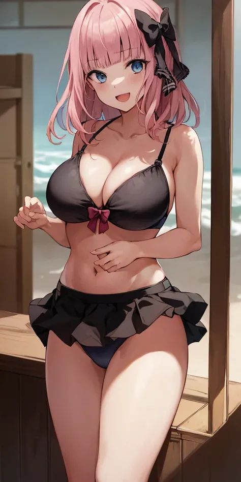 2d, masterpiece, best quality, anime, highly detailed, cowboy shot, 1girl, solo, fujiwara chika, blue eyes, pink hair, hair bow, black bow, , summer bikini, bikini, swimsuit, woman bikini, bra and skirt, skirt and bra, large breasts, big breasts :d
