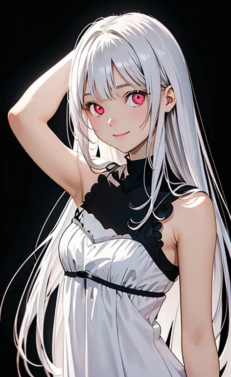 (Photorealistic:1.4)、asuna,(masterpiece、Side light、Exquisite beautiful eyeonochrome:1.5,portlate、)、Cute Face、 3D Face、(white hair:1.5、Straight Hair)、(1 Girl)、(Red eyes:1.2)、(upper body)、(Sundress)、 (Cute face:1.2),(light smile:1.2),kind face,(Small breasts...