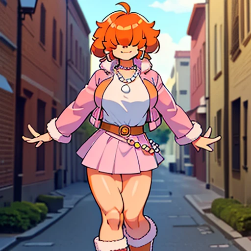 ,High quality,Female ,((hair covering eyes,fluffy hair,short hair,Teeth,smiling,(muscular,breasts),solo,orange hair,toned,Earrings,2 arms, Pearl Necklace,skirt,in a street,belt,pink jacket,white shirt,muscle legs,boots