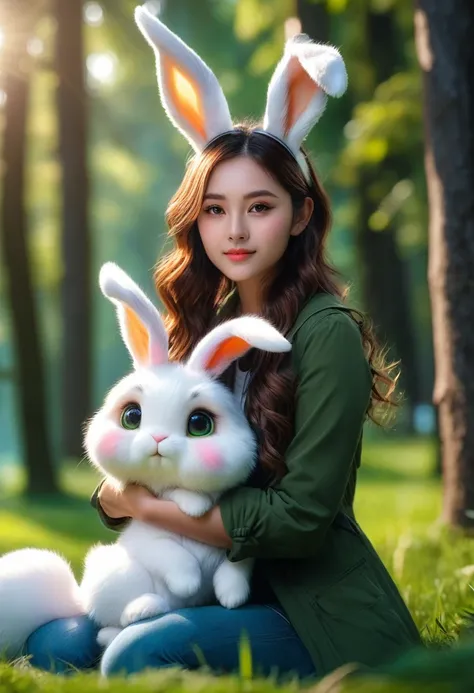 a cute girl with long fluffy rabbit ears, rabbit ears, bunny, green meadow, forest, photorealistic, highly detailed, 8k, (best quality,4k,8k,highres,masterpiece:1.2),ultra-detailed,(realistic,photorealistic,photo-realistic:1.37),HDR,UHD,studio lighting,ext...