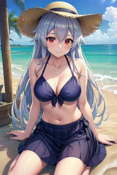 a masterpiece of a cute girl with silver hair, red eyes, and a beautiful smile, wearing a bikini and puffy skirt, sitting on the sand, (best quality,4k,8k,highres,masterpiece:1.2),ultra-detailed,(realistic,photorealistic,photo-realistic:1.37),tomoe gozen,t...