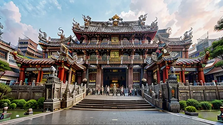 best quality, masterpiece, (((building))), photorealistic, big ornate taiwanese temple paifang, taiwanese_temple