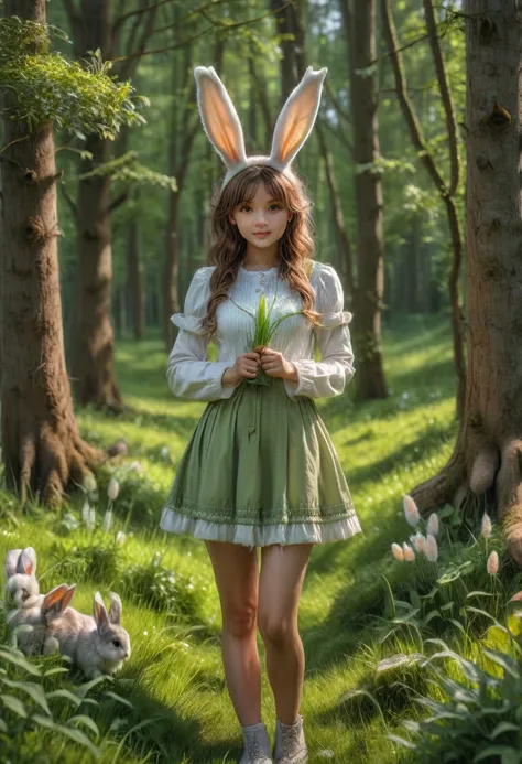 a cute girl with long fluffy rabbit ears, rabbit ears, bunny, green meadow, forest, photorealistic, highly detailed, 8k, (best quality,4k,8k,highres,masterpiece:1.2),ultra-detailed,(realistic,photorealistic,photo-realistic:1.37),HDR,UHD,studio lighting,ext...