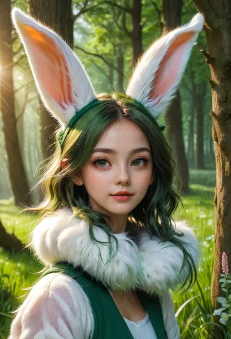 a cute girl with long fluffy rabbit ears, rabbit ears, bunny, green meadow, forest, photorealistic, highly detailed, 8k, (best quality,4k,8k,highres,masterpiece:1.2),ultra-detailed,(realistic,photorealistic,photo-realistic:1.37),HDR,UHD,studio lighting,ext...