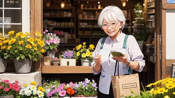 An old lady clerk at a flower shop talking to a customer、A big smile、Inside the store、Buckshot