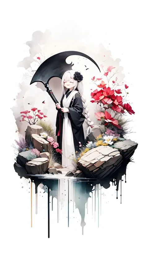 solo,1female(chibi,cute,kawaii,age of 10,hair color white,braid hair,messy hair,eye color dark,eyes closed smile,white skin,big smile,enjoy,full body,wearing Grim Reapers black Robe,holding scythe and skull,skip,flower hair ornament,white hair),background(...