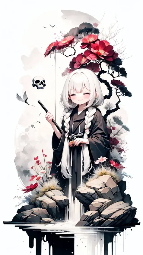 solo,1female(chibi,cute,kawaii,age of 10,hair color white,braid hair,messy hair,eye color dark,eyes closed smile,white skin,big smile,enjoy,full body,wearing Grim Reapers black Robe,holding scythe and skull,skip,flower hair ornament,white hair),background(...