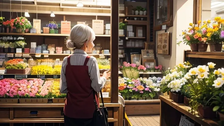 Customer in front、Old lady saleswoman at a flower shop、Back view、Inside the store、Buckshot