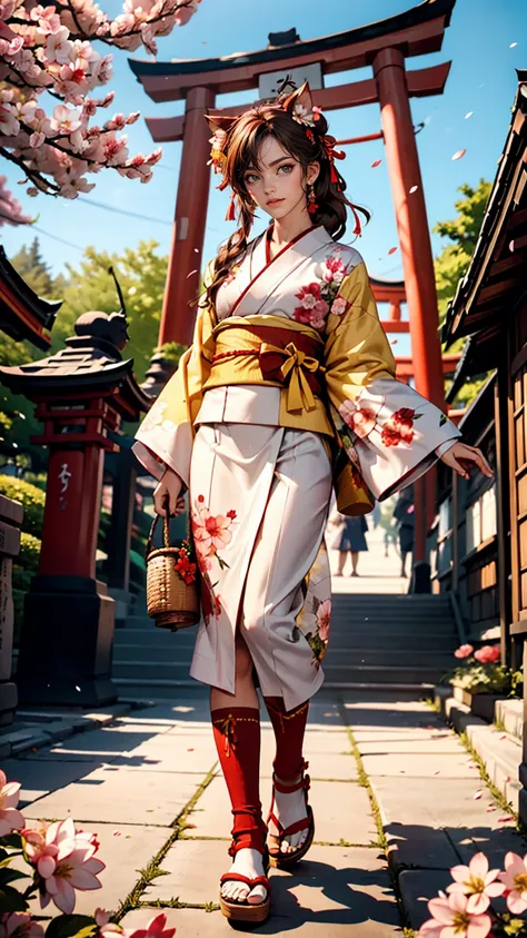 ((masterpiece,highest quality)),Outdoor, Red Torii Gate, wood,  stage,, Two Girls, Shrine maiden,Shrine maiden, View Viewer, Recall,, Red legwear, red ribbon, Black Hair,cherry blossoms, Day, flower, Hair Bun, hair ribbon, kimono, kimono, Long Hair, Cat ea...